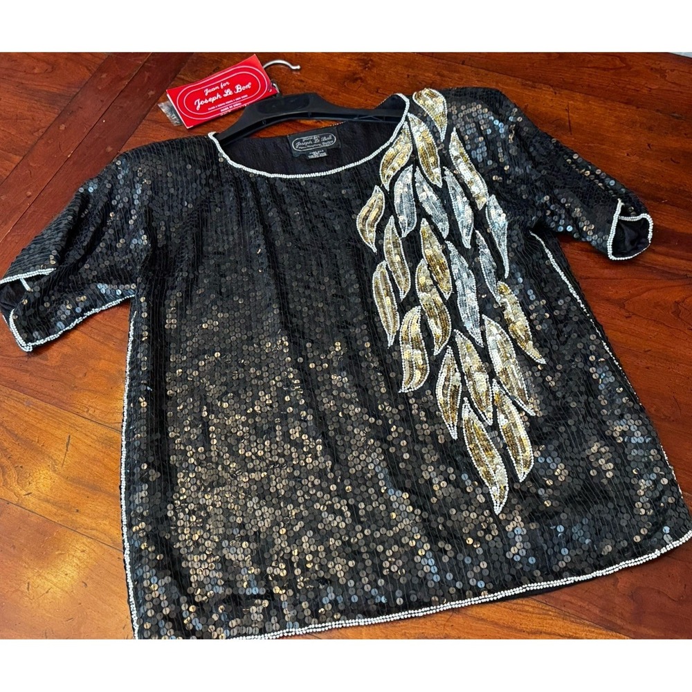 Vintage NWT Jean for Joseph Le Bon 100% Silk Black Gold Sequined Top Women's Med